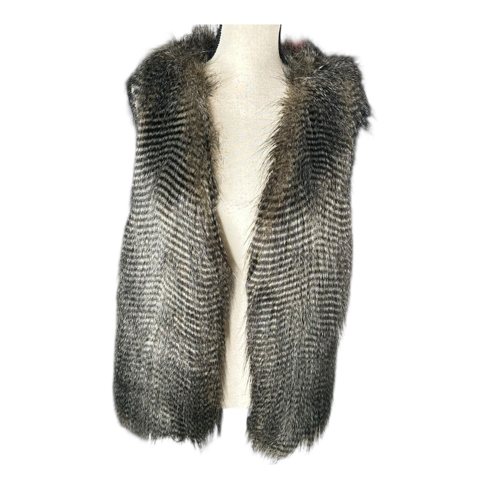 Forever 21 Faux Fur Vest‎ Women's 1X Black Brown Chevron Y2K Mob Wife Hippie